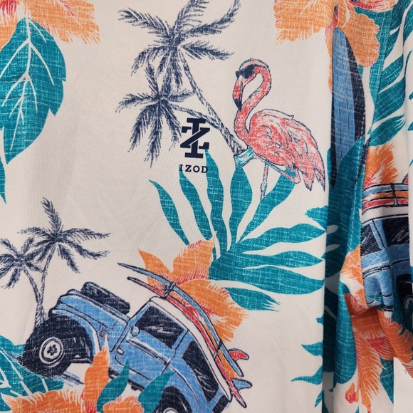 Izod Golf Stretch Polo Shirt Mens Size Large Tropical Short Sleeve Flamingo Car - Picture 5 of 7